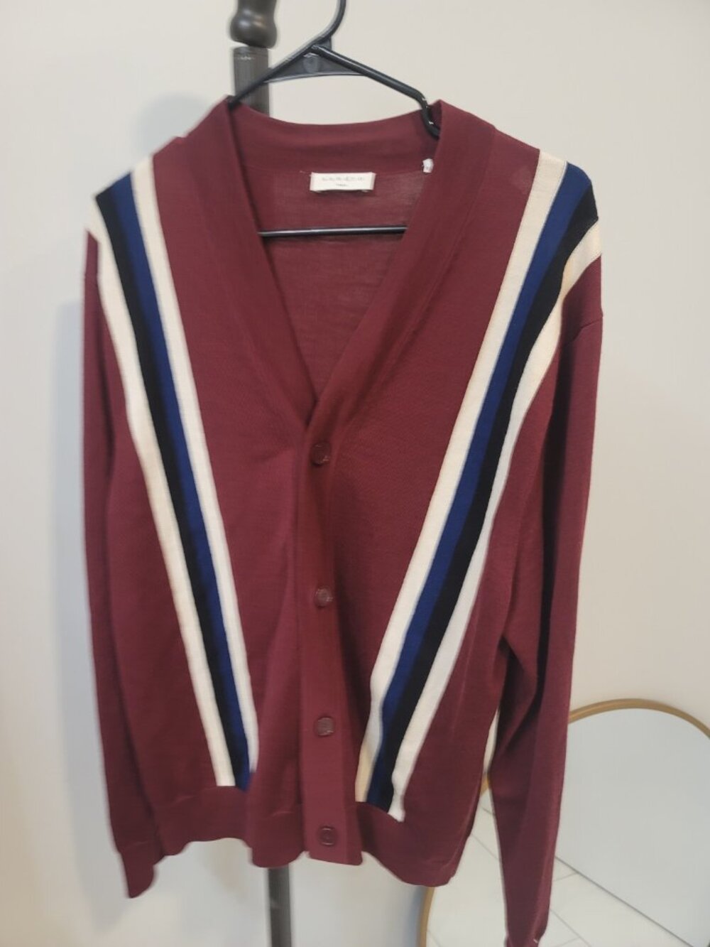 Sandro College Wool Striped Button Cardigan In Bordeaux Size 34 Multicolor